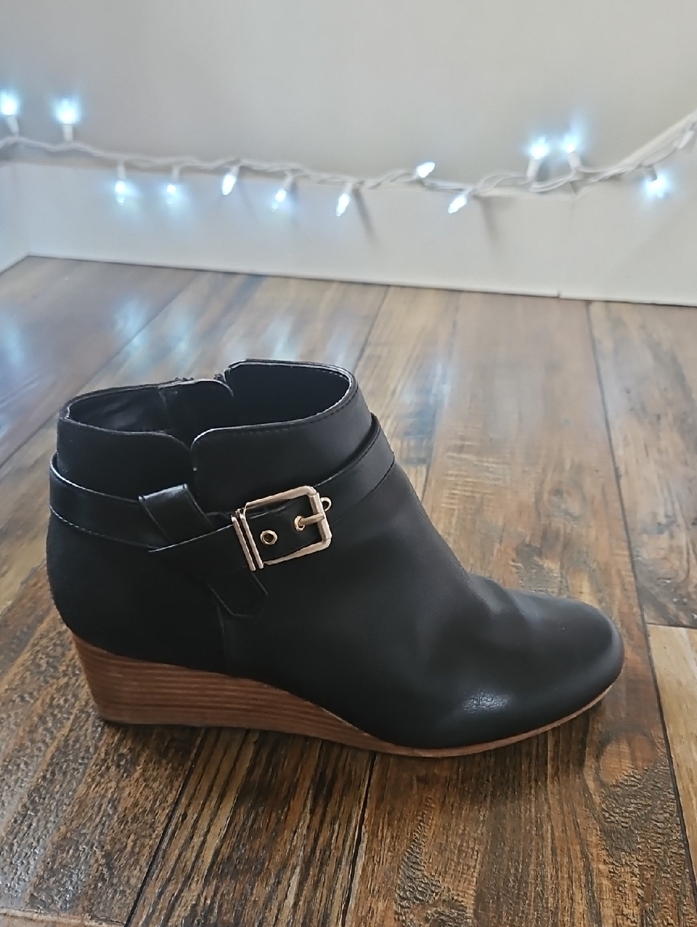 Dr. Scholl's Black Wedge‎ Ankle Boot with Silver Buckle